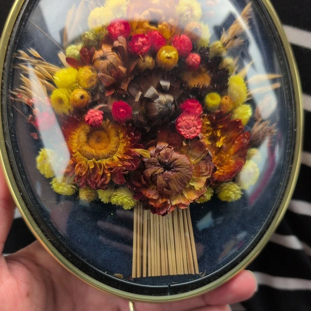 Vintage 1970s Cideart Belgium Dried Flower Oval Brass Frame Bubble Glass Cottage
